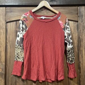 Women's Red Patchwork Long Sleeve Top